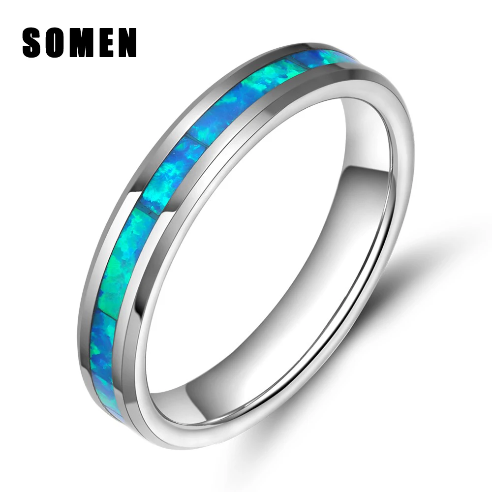 

4mm Rings For Women Tungsten Ring Blue Fire Opal Inlay Luxury Wedding Band Engagement Rings Cocktail Ring Jewelry anillos mujer