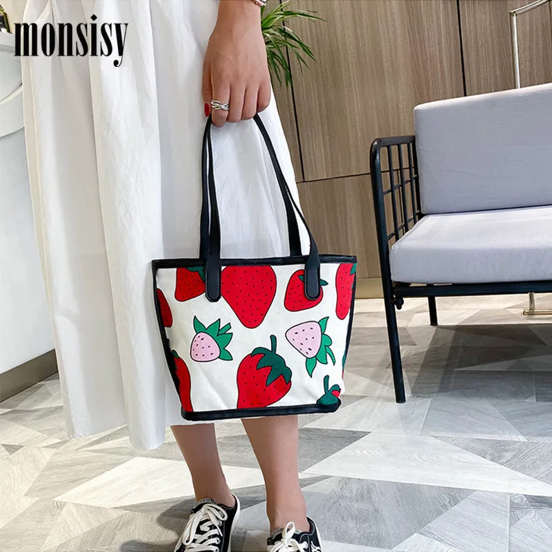 Monsisy Красивая парусиновая сумка для женщин 2020 девушек на плечо модная Клубничная