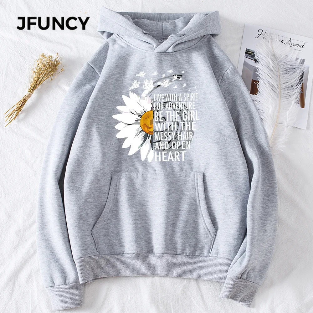 

JFUNCY Autumn Winter Women Thick Pullovers Casual Loose Coats Woman Long Sleeve Hooded Sweatshirt Printed Fleece Sportswear