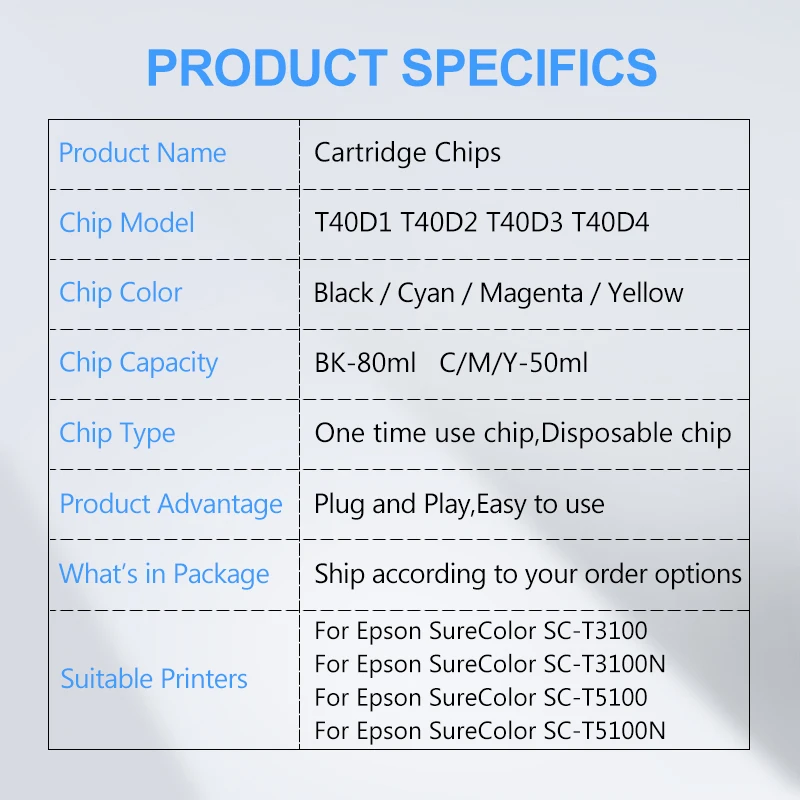 t40d1 t40d2 t40d3 t40d4 ink cartridge chip for epson surecolor t3100 sc t3100 sc t3100n t5100 sc t5100 sc t5100n printer chips free global shipping