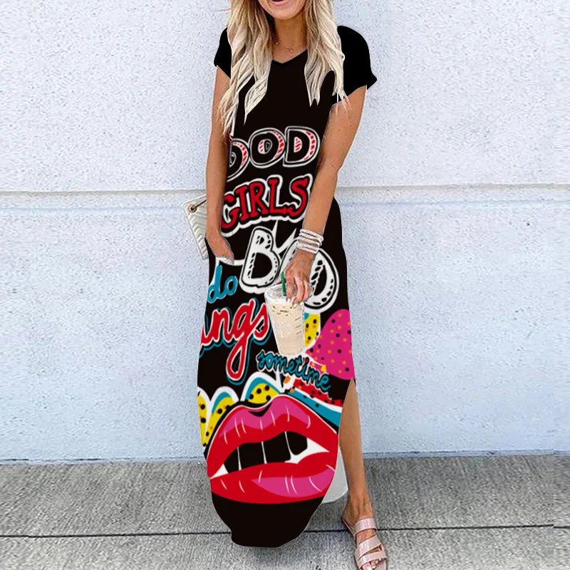 

Casual Women Summer Print Short Sleeve Pocket Loose Dress 2021 Retro Plus Size Maxi Dress V-Neck Sexy Female Floral Long Dresses