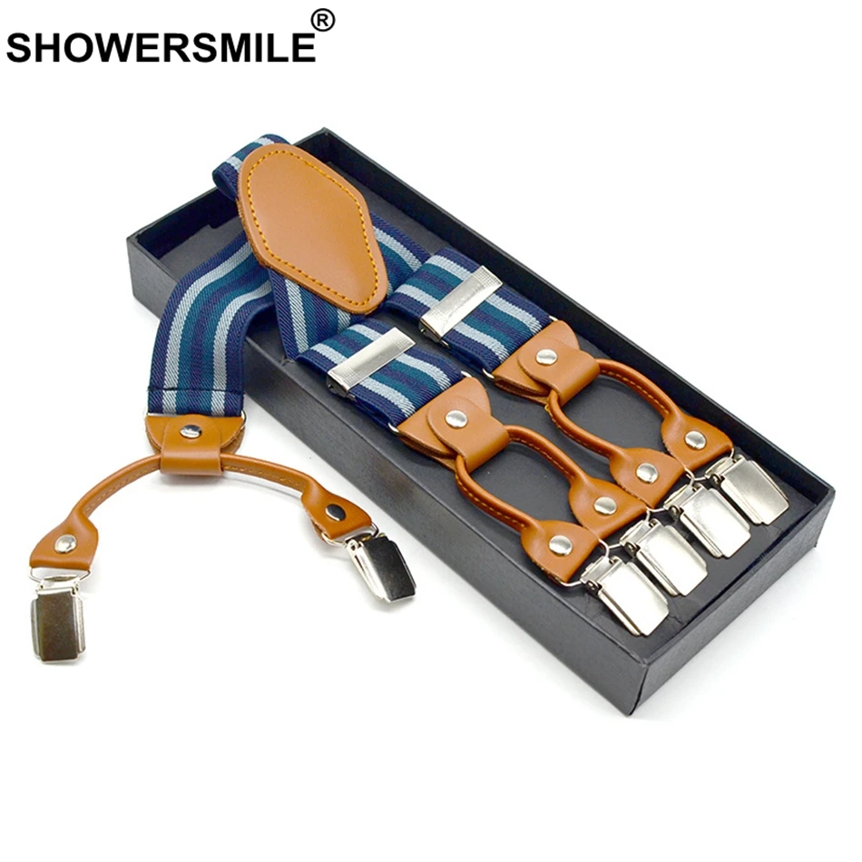 SHOWERSMILE мужские подтяжки для брюк полосатые темно синего цвета 6 зажимов модные