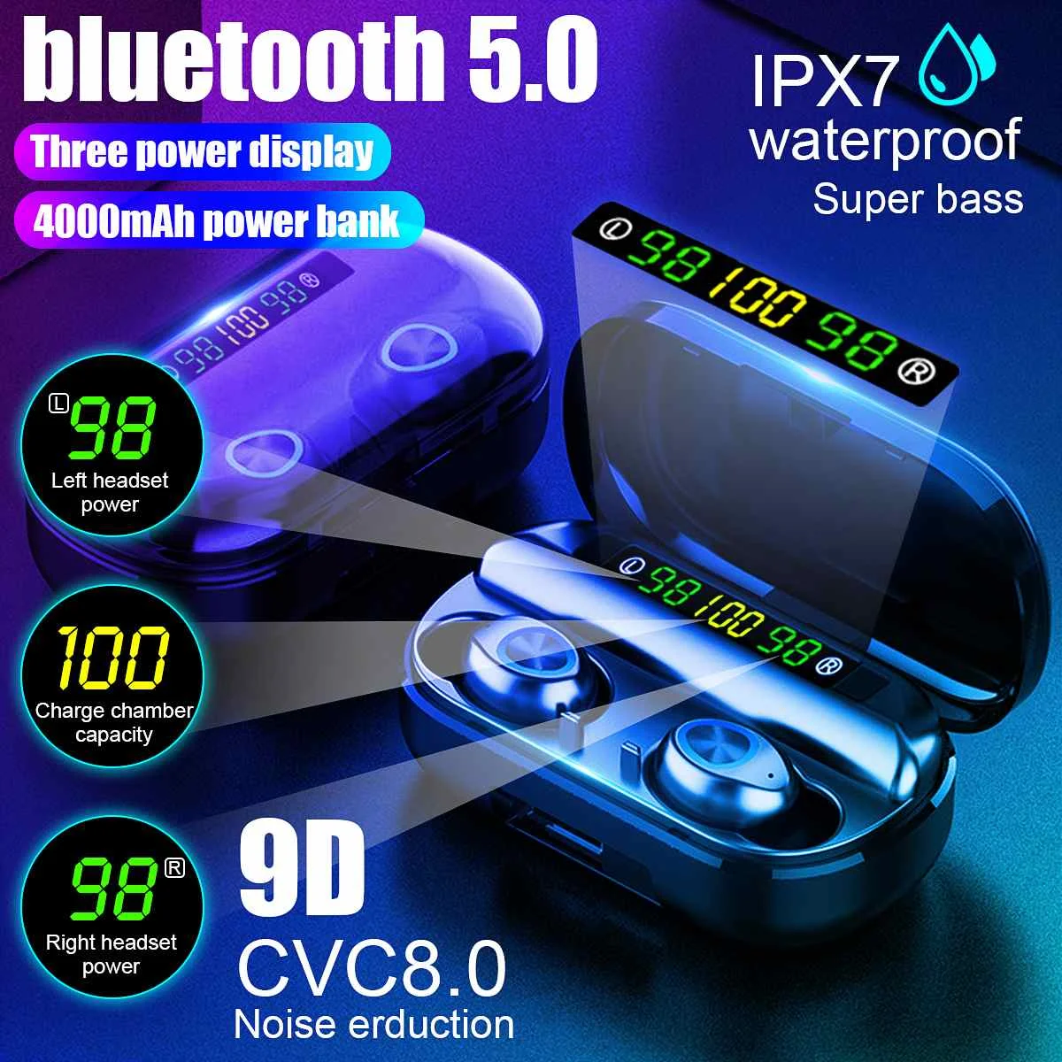 TWS 4000mAh наушники v5.0 bluetooth стерео беспроводные водонепроницаемые с 3 светодиодный