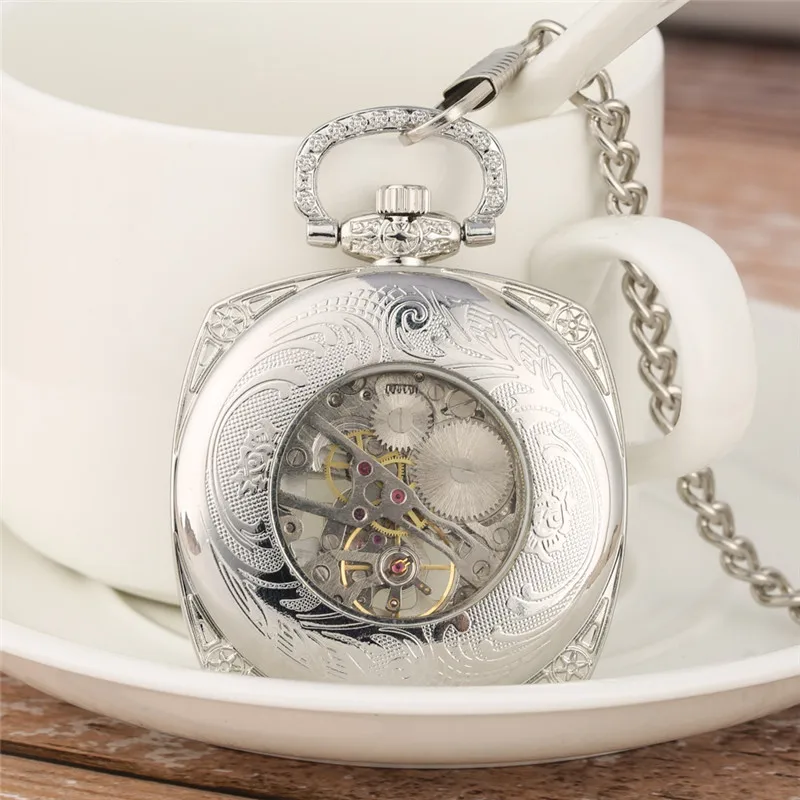 Silver Square Hand-Winding Mechanical Pocket Watch for Men Women Roman Numeral Luminous Hands Pendant Chain Skeleton Clock Gift
