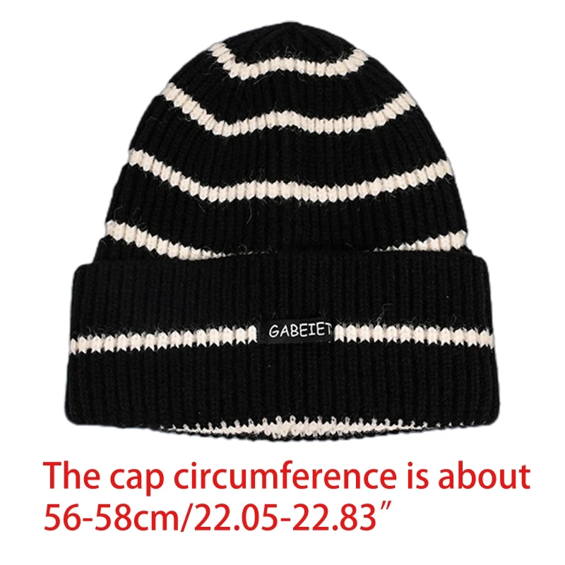 

Unisex Winter Ribbed Knitted Beanie Hat Contrast Color Stripes Letters Label Harajuku Student Cuffed Pointed Skull Cap