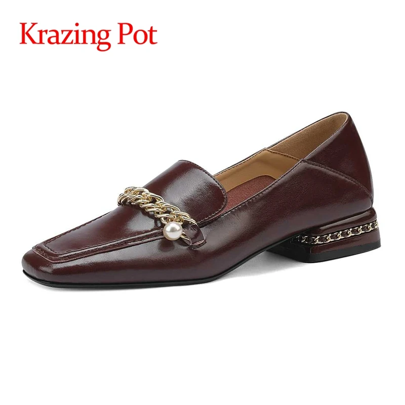 

Krazing Pot cow split leather square toe med heel loafers soft comfortable chain pearl decorations fashion solid women pumps L81