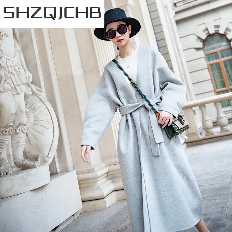 

Женское шерстяное пальто с поясом SHZQ, осенне-зимнее длинное шерстяное пальто, 2021