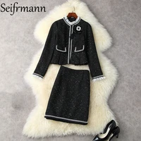 seifrmann new 2021 autumn women fashion runway skirt set long sleeve bow sequined tops high waist elegant mini skirts suits