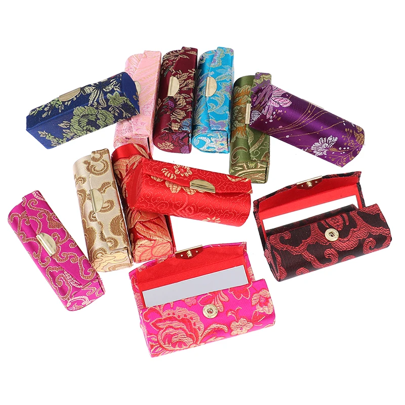 1PCS Portable Retro Embroidered Flower Designs Lipstick Case With Mini Mirror Lip Gloss Box Jewelry Holder Makeup Storage Tools | Красота и