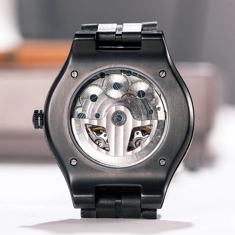 

Mechanical Mens Watches Automatic Self-Winding Wrist Watches Luxury Skeleton Design Luminous Hands Dress Wooden Watch for Men