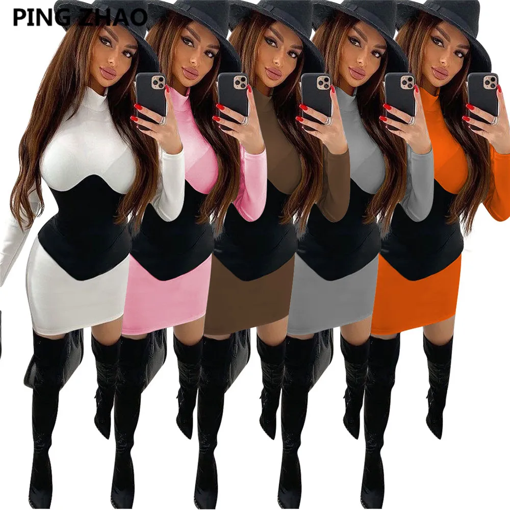 

PING ZHAO Women Long Sleeve O Neck Patchwork Dress Slinky Bodycon Casual Mini Dresses Fall Party Club Dresses