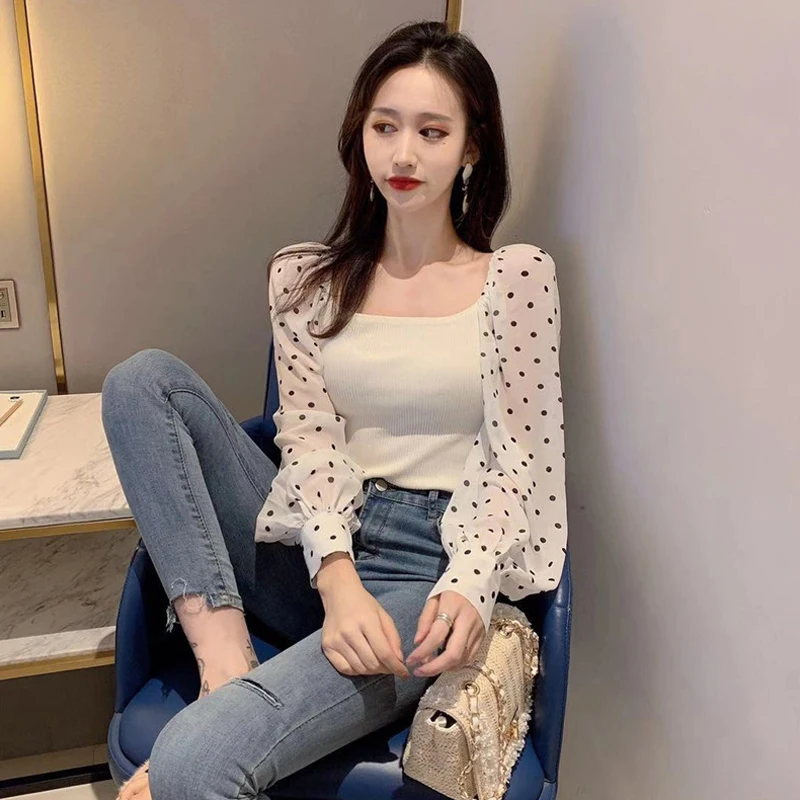 long sleeve dot patchwork T-Shirts Women new spring autumn Korean Self-cultivation slash neck off shoulder temperament tops hot | Женская