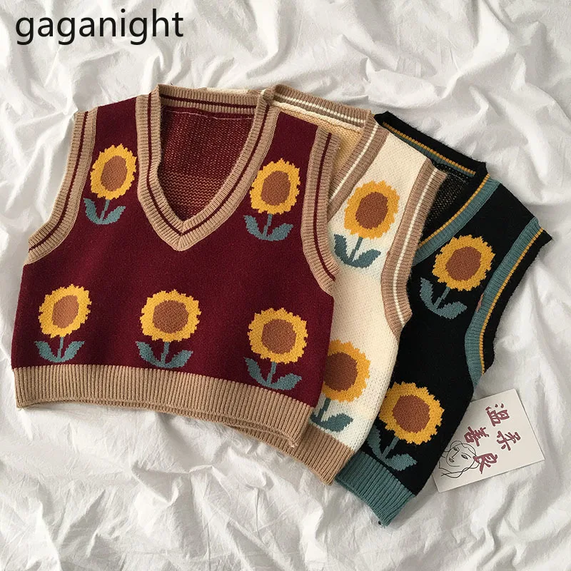 

Gaganight Vintage Sunflower Women Crop Vest Sleeveless Chic Fashion Knitted Vests Korean Outwear Tops Dropshipping Autumn Winter