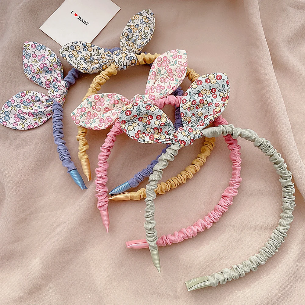 Diadema Retro con estampado de flores para ni&ntilde;a y mujer, bandana con lazo, diadema de tela con Orejas de conejo, accesorios para la cabeza-1