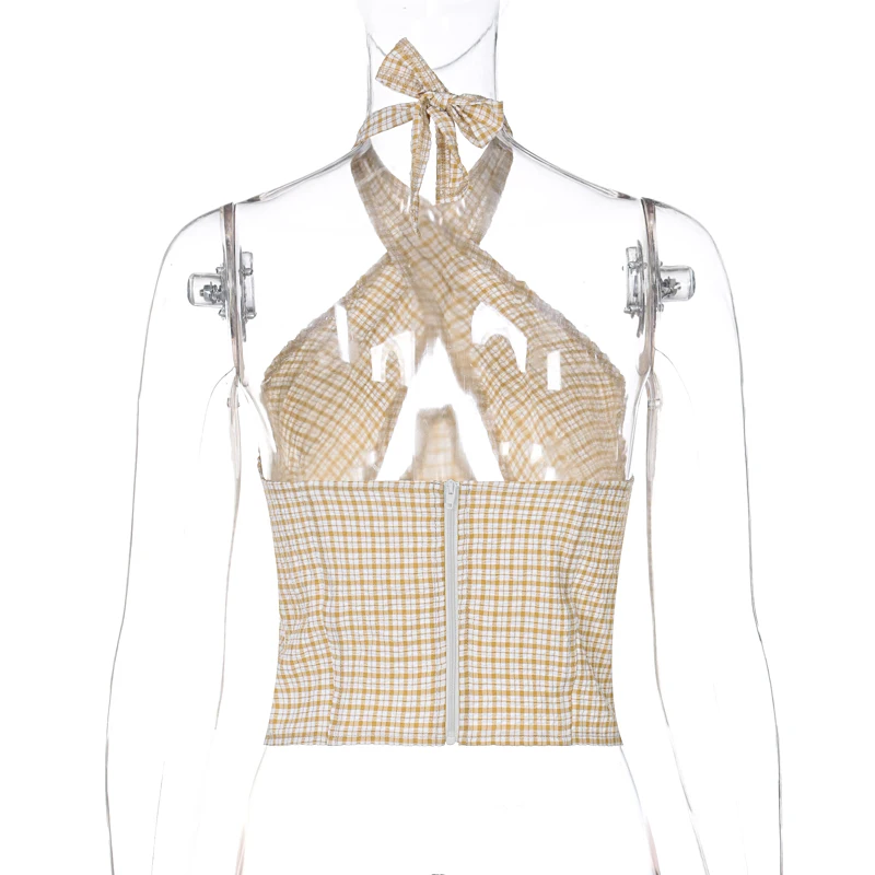 

Off Shoulder Halter Camis For Women Sexy Vest Plaid Printed Chic Tops Hollow Camisoles Pattern V-neck Tie Up Casual Crop Top
