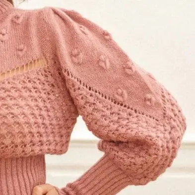 

and 2021 Autumn Winter New Round Neck Crochet Hollow Design Puff Sleeve Sweater