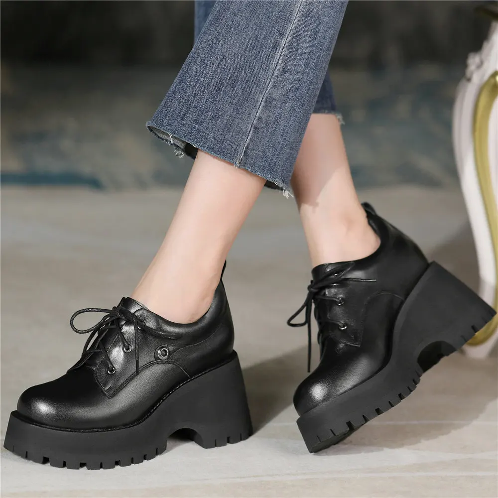 Platform Pumps Shoes Women Lace Up Genuine Leather Chunky High Heels Ankle Boots Female Round Toe Punk Creepers Casual Shoes