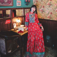 free shipping 2021 new lantern sleeve long maxi bohemia national trend beach dress vintage printed patchwork embroidery s xl