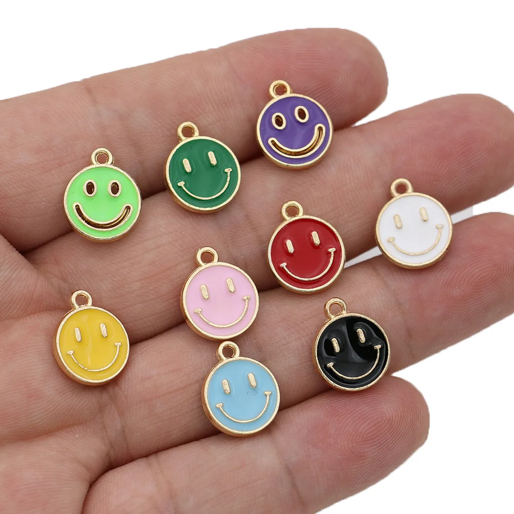 

10PCS Mix Lot Gold Color Enamel Smile Face Charms Pendant for Jewelry Making Bracelet Necklace DIY Accessories 12mm