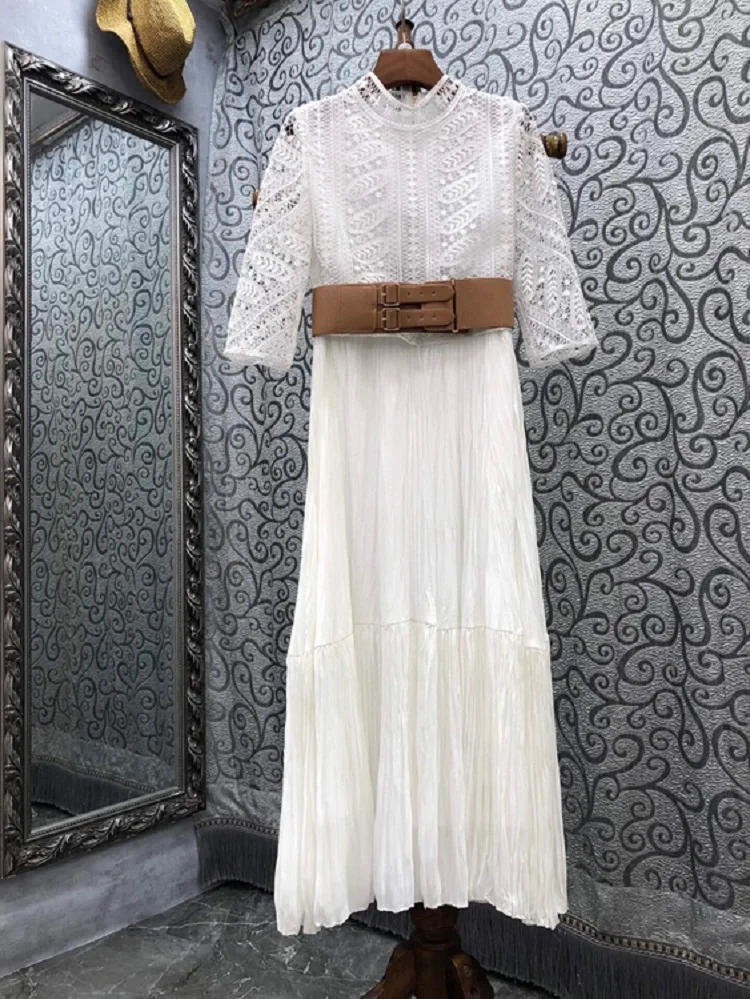 

Top Quality Designer Clothing Sets 2021 Autumn Party Skirt Suit Women Lace Tops Blouse+Belt Deco Long Pleated Skirt Sets 2pc