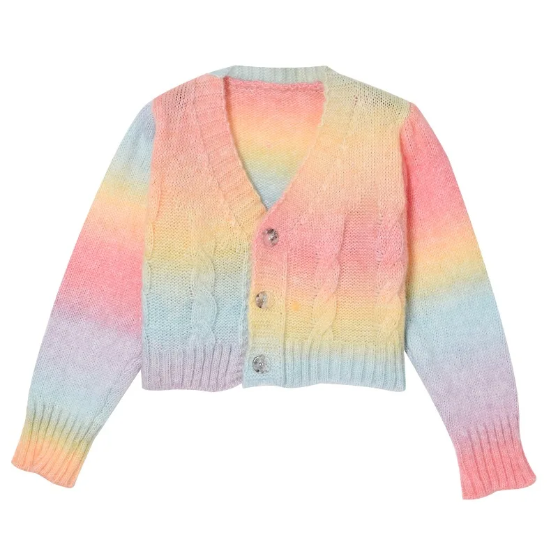 

2021 Autumn and Winter New Style Outer Wear Tie-dye Rainbow Loose Short Knit Cardigan Jacket Women