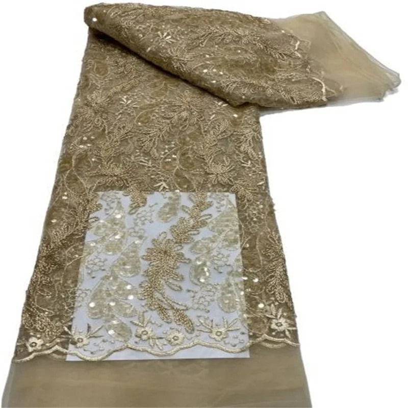 

2022 Gold Nigerian Mesh Net Lace Fabric Pink African Sequins Lace Fabric High Quality French Mesh Tulle Lace Fabric with Sequins