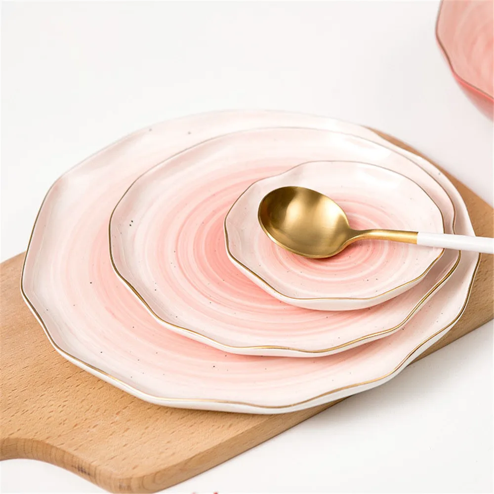 Ceramics Dinner Plate Set Plating Gold Strip Dishes Plates Porcelain Rice Fish Steak Dessert Tableware Irregular Handmade | Дом и сад