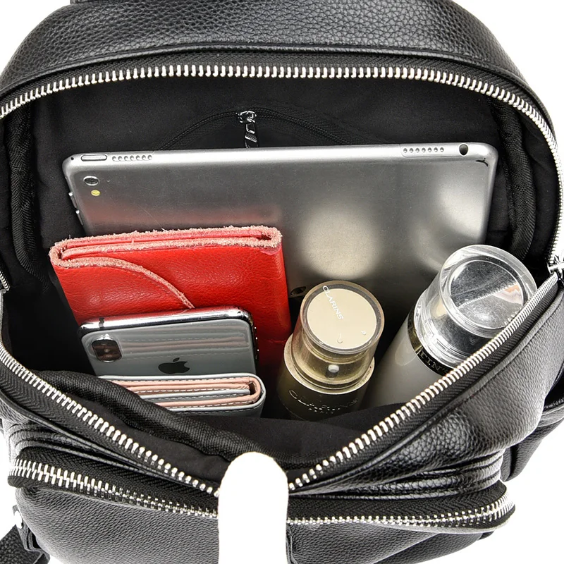 

Women Classic Black Textured PU Leather Backpack Large Capacity Designer Backbag Girls Trendy Elegant Travel Bagpack Sac A Main