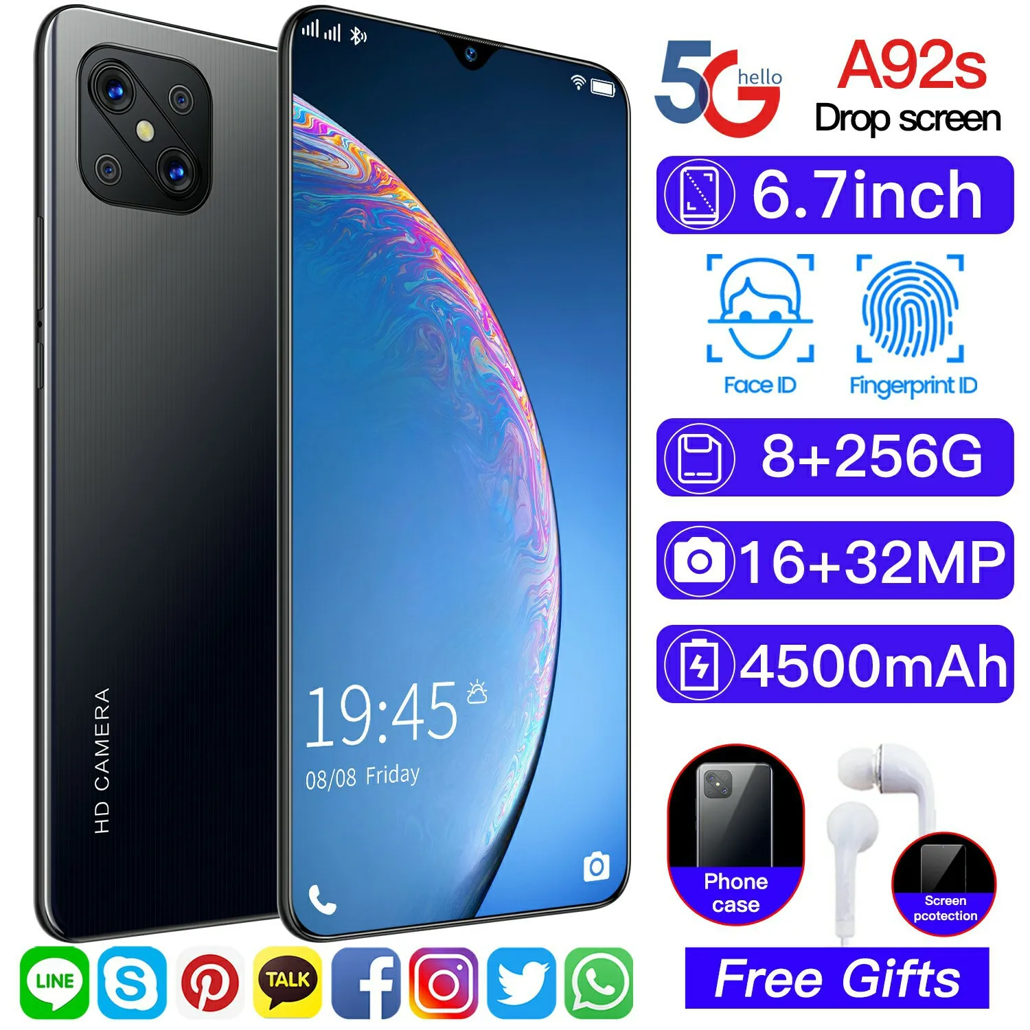 

Global A92s Smart Phone 6.7 Inch HD 8 256GB Android 5G LTE 4G 32+64MP Camera 10 Core Face Fingerprint Unlock Dual SIM Cellphones