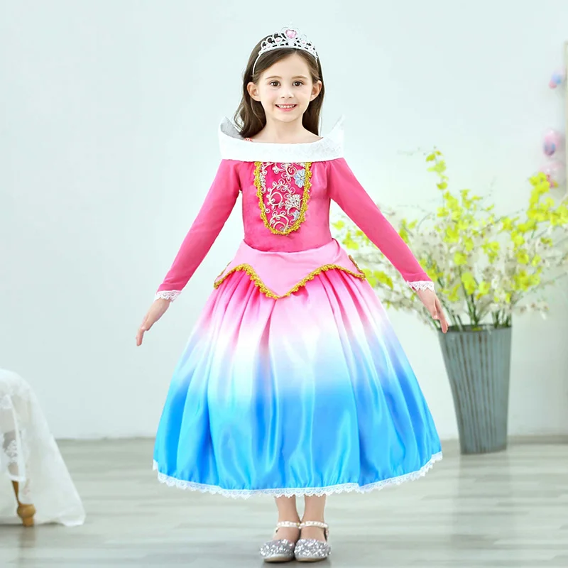 

Girls Sleeping Beauty Aurora Dress Wig Costume Children Christmas Carnival Birthday Party Clothes Accessory Crow Wearth