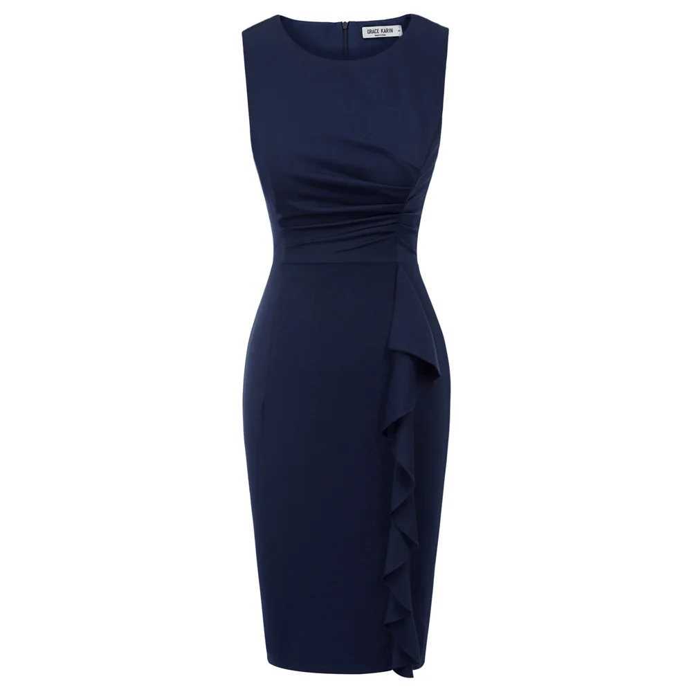 CL011087 Navy Blue Grace Karin женское элегантное тонкое Формальное Деловое платье без рукавов Pnecil Платья офисные женские Одежда для работы облегающее платье Летнее - Цвет: CL011087 Navy Blue