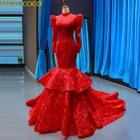 red mermaid evening dresses dubai saudi arabic o neck long sleeves muslim evening gown prom dresses robe soiree abendkleider