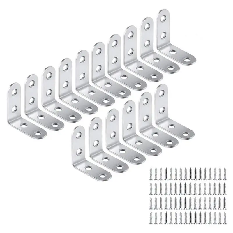 

16 pcs Equerre de Coin - 40mmx40mm 90 Degree Right Angle Fastening Plugs Stainless Steel L Corner Shaped Braces with 64pcs Screw