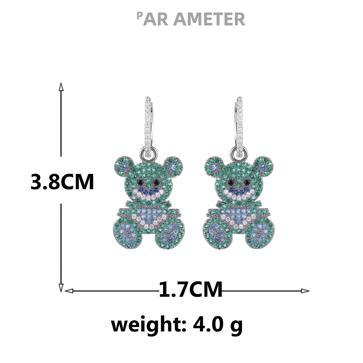 

High Quality Designer Personalized Green Zirconium Contrast Sweet Crystal Bear Ear Hook S925 Silver Needle Earrings for Women