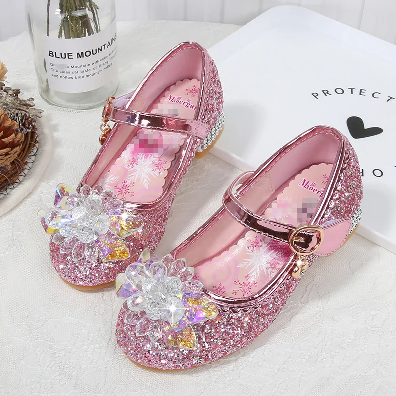 

New Elsa Princess Leather Shoes For Girls Flower Casual Glitter Children High Heel Girls Shoes Butterfly Knot Blue Pink Silver