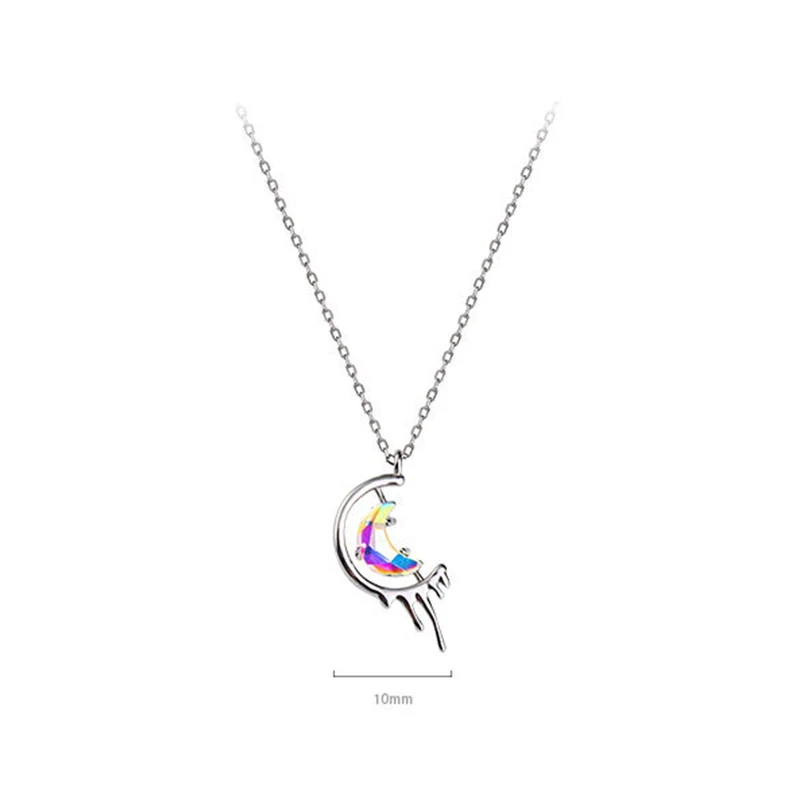 

S925 Sterling Silver Meniscus Moon Women Necklace Colorful Glazed Stone Clavicle Chain Stylish Kolye Wedding Jewelry Pendant