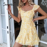 simplee yellow print womens short sundress summer square neck ruffled a line female dresses 2021 casual fashion outfit vestidos
