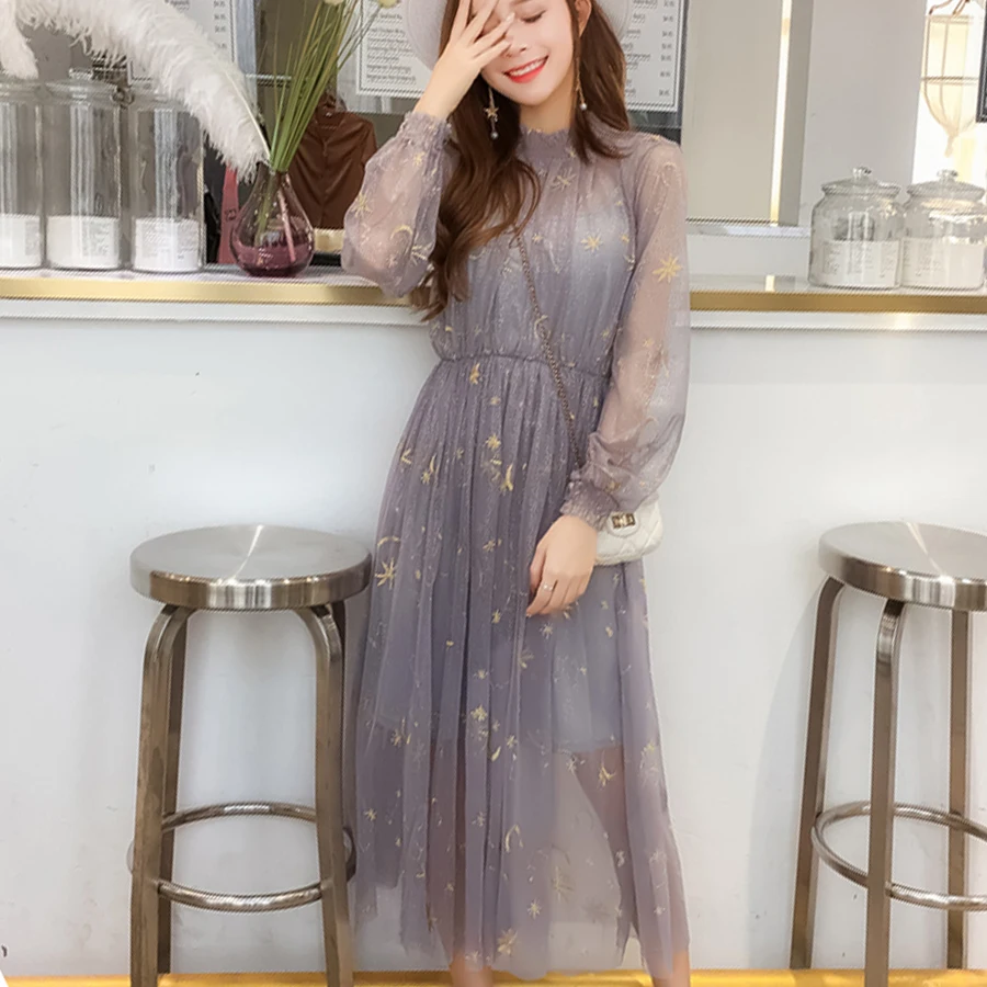 Женское плиссированное платье элегантное Сетчатое с вышивкой в виде звезд