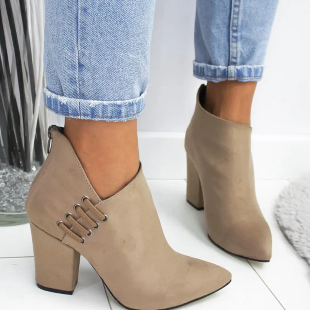 

New Brand Women's Ankle Boots Zipper Mid Square Heels Platform Shoes Ladies Pointed Toe Boot Women Autumn Short Boots
