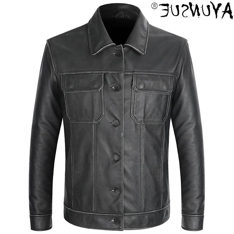 

Genuine Leather Men's Jacket Men Denim Jackets Style Real Cow Mens Clothes Handmade Motorcycle Coat Hommes Veste LXR424