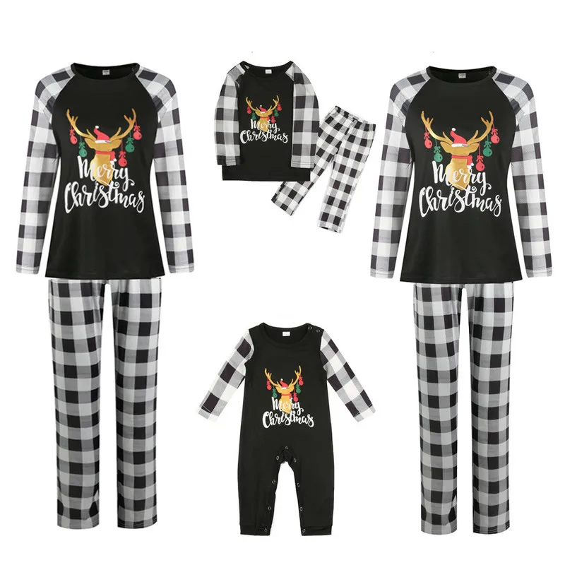 

Family Christmas Matching Pajamas Set Cartoon Deer Letter Printing Round Neck Pyjamas Adult Kid Baby Romper Nightwear Homewear