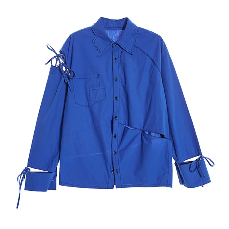 

SuperAen Original Design Royal Blue Butterfly Collar Strap All Match Shirts Women Solid Turn-down Collar Full Casual