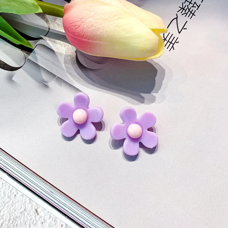 DREJEW Small Pink Yellow Purple Blue Acrylic Flower Statement Earrings Christmas Alloy Drop for Women Jewelry HE5841 | Украшения и