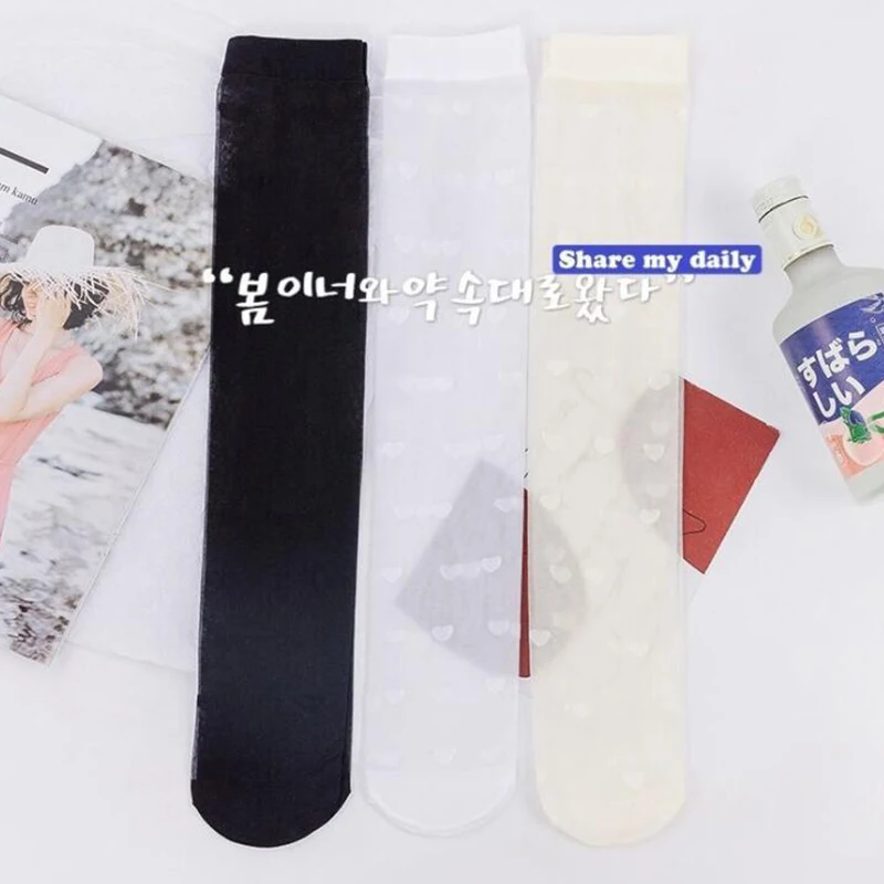 Jk Black High Knee Socks Women Transparent Ultra-thin Nylon Stockings Female Lolita Heart Long Socks Leg Dress Calcetine Medias