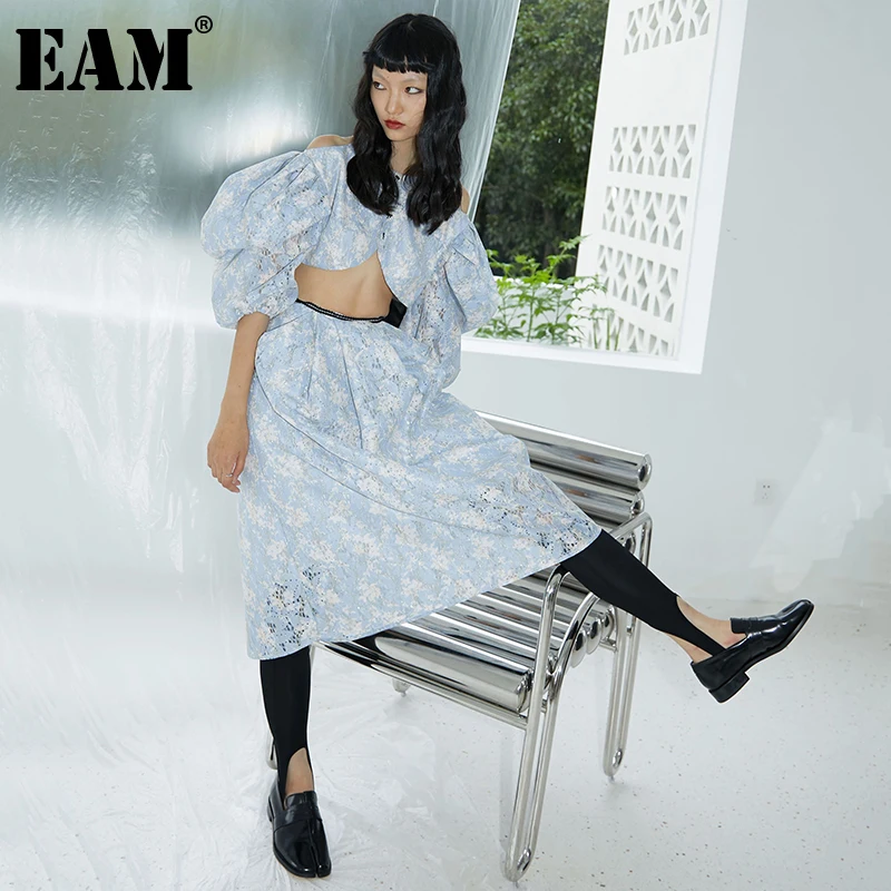 

[EAM] юбка с высокой эластичной резинкой на талии, синяя кружевная плиссированная длинная юбка с вырезом, женская мода, новинка, весна-осень 2022...