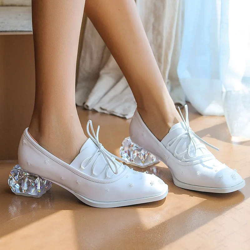 

2021new brand spring autumn women pumps genuine leather white crystal heel shoes woman dress party casual shoes pumps size 34-42