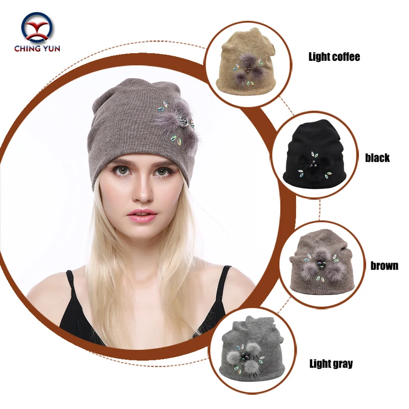 CHINGYUN 2019new кашемировая вязаная шапка мягкая зимняя теплая Высококачественная Женская однотонная вязаная шапка изысканное Настоящее плюшевое украшение