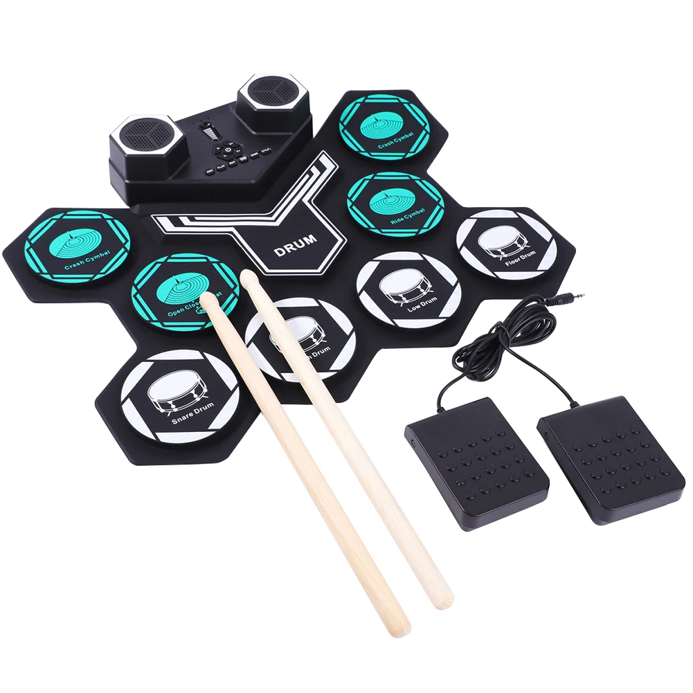 

Compact Size USB Folding Silicone Drum Set Portable BT Electronic Drum Kit 9 Drum Pads with Drumsticks Foot Pedals for Beginners