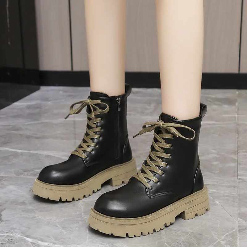 Women's Ankle Boots New Winter Fashion Boots Women's PU Leather Platform Thick Heels Ladies Lace-up Zipper Warm Boots