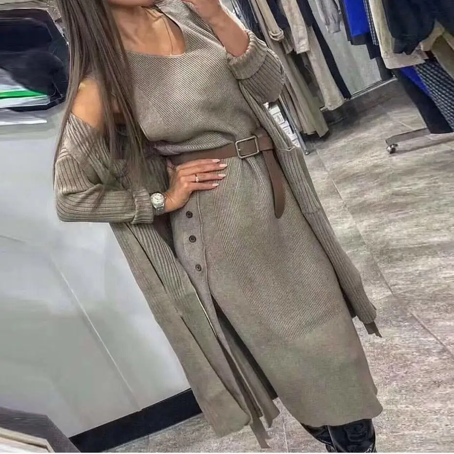 Осенне зимний свитер Топ и трикотажная юбка Однотонный женский повседневный